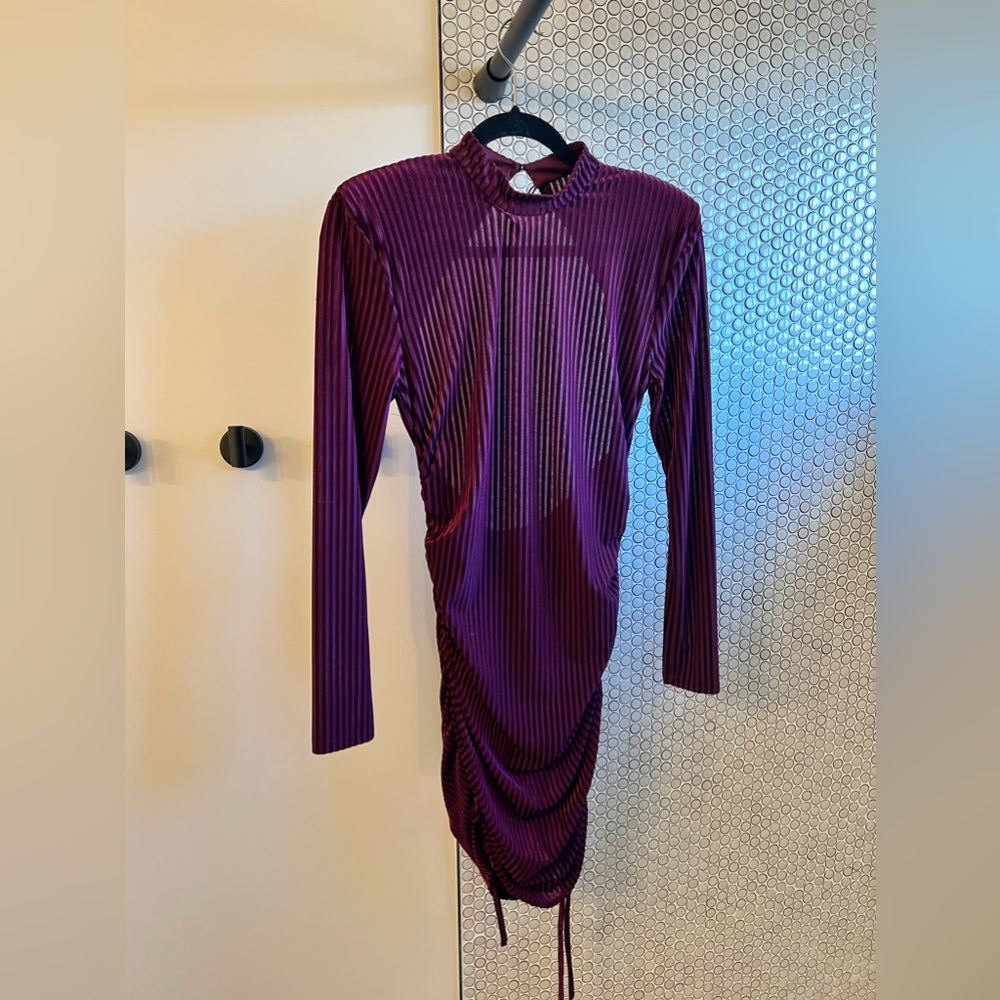 Velvet stripe ruched mini cocktail dress with shoulder pads